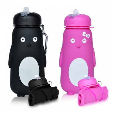 新款创意硅胶折叠水瓶 便携企鹅硅胶水壶 礼品定制硅胶折叠瓶